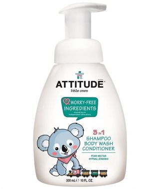 Detské telové mydlo, šampón a kondicionér (3v1) s vôňou hruškovej šťávy s pumpičkou 300 ml Attitude